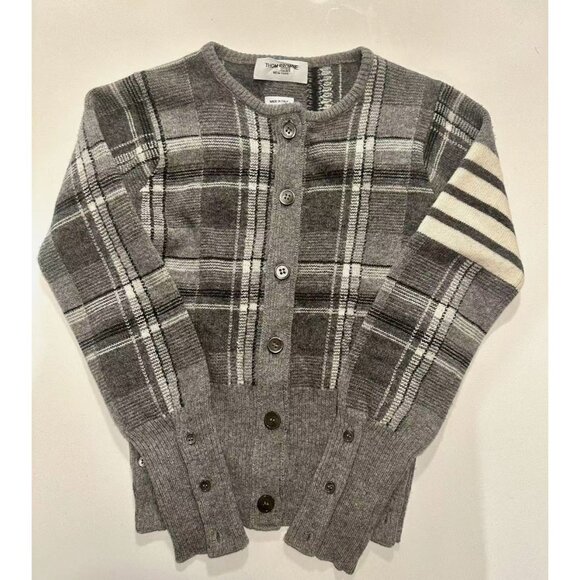 Thom Browne Womens Wool Cardigan With Plaid Pattern Button Closure & Striped Sle - Picture 1 of 5